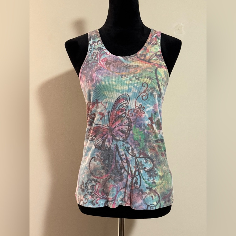 EUC BOHO CHIC Pink and Blue Butterfly Graphic Tank size large